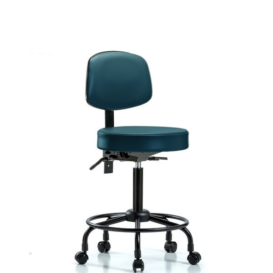 Blue Ridge Ergonomics VMBST-RT-T0-RC-8840 Rutledge Vinyl Stool with Back - Medium Bench Height with Round Tube Base & Casters in Sterling Supernova™ Vinyl