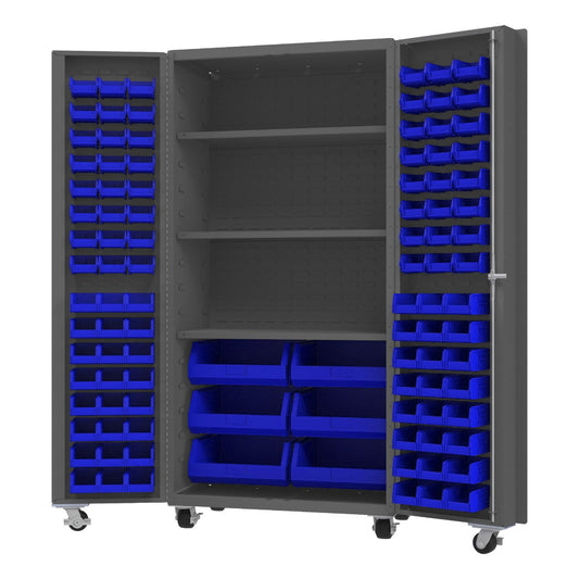 Durham DCM36-BDLP-102-3S-5295 MOBILE CABINET, 14 GAUGE, 102 BINS, 3 SHELVES, 36 X 24 X 76