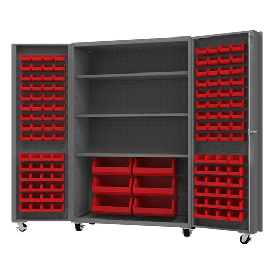 Durham DCM48-BDLP-126-3S-1795 MOBILE CABINET, 14 GAUGE, 126 BINS, 3 SHELVES, 48 X 24 X 76