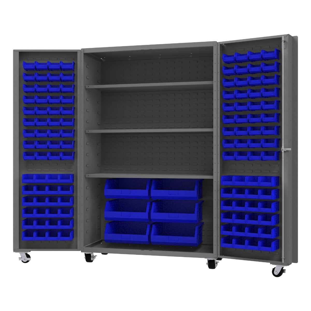 Durham DCM48-BDLP-126-3S-5295 MOBILE CABINET, 14 GAUGE, 126 BINS, 3 SHELVES, 48 X 24 X 76