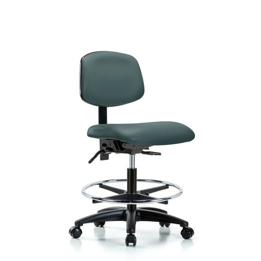 Blue Ridge Ergonomics VMBCH-RG-T0-A0-CF-RC-8546 Rutledge Vinyl Chair - Medium Bench Height with Chrome Foot Ring & Casters in Colonial Blue Trailblazer™ Vinyl