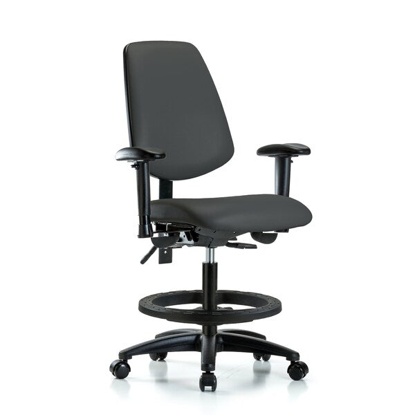 Blue Ridge Ergonomics VHBCH-MB-RG-T0-A1-BF-RG-8605 Rutledge Vinyl Chair - High Bench Height with Medium Back, Adjustable Arms, Black Foot Ring, & Stationary Glides in Charcoal Trailblazer™ Vinyl