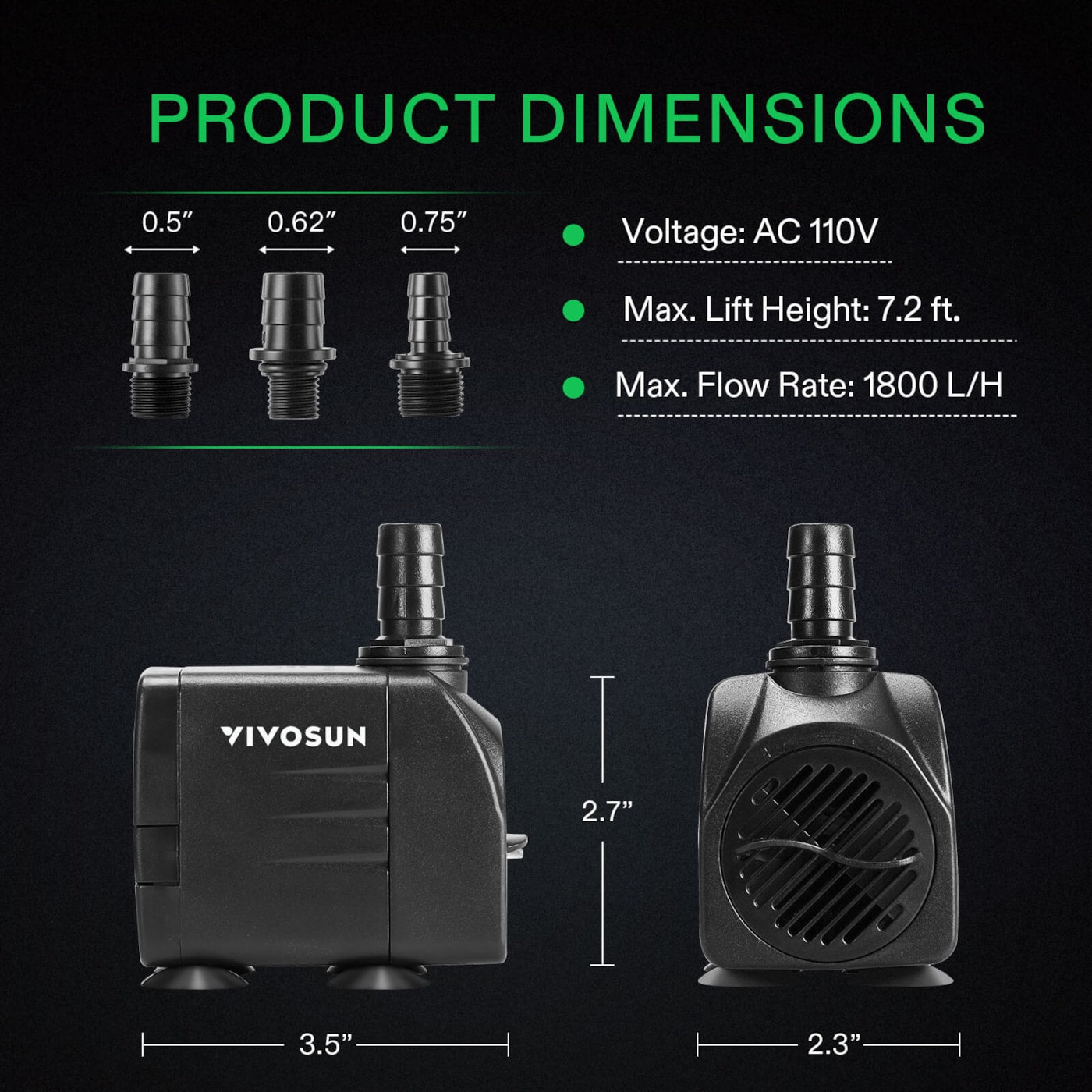Vivosun 480GPH Submersible Pump, Ultra Quiet Water Pump