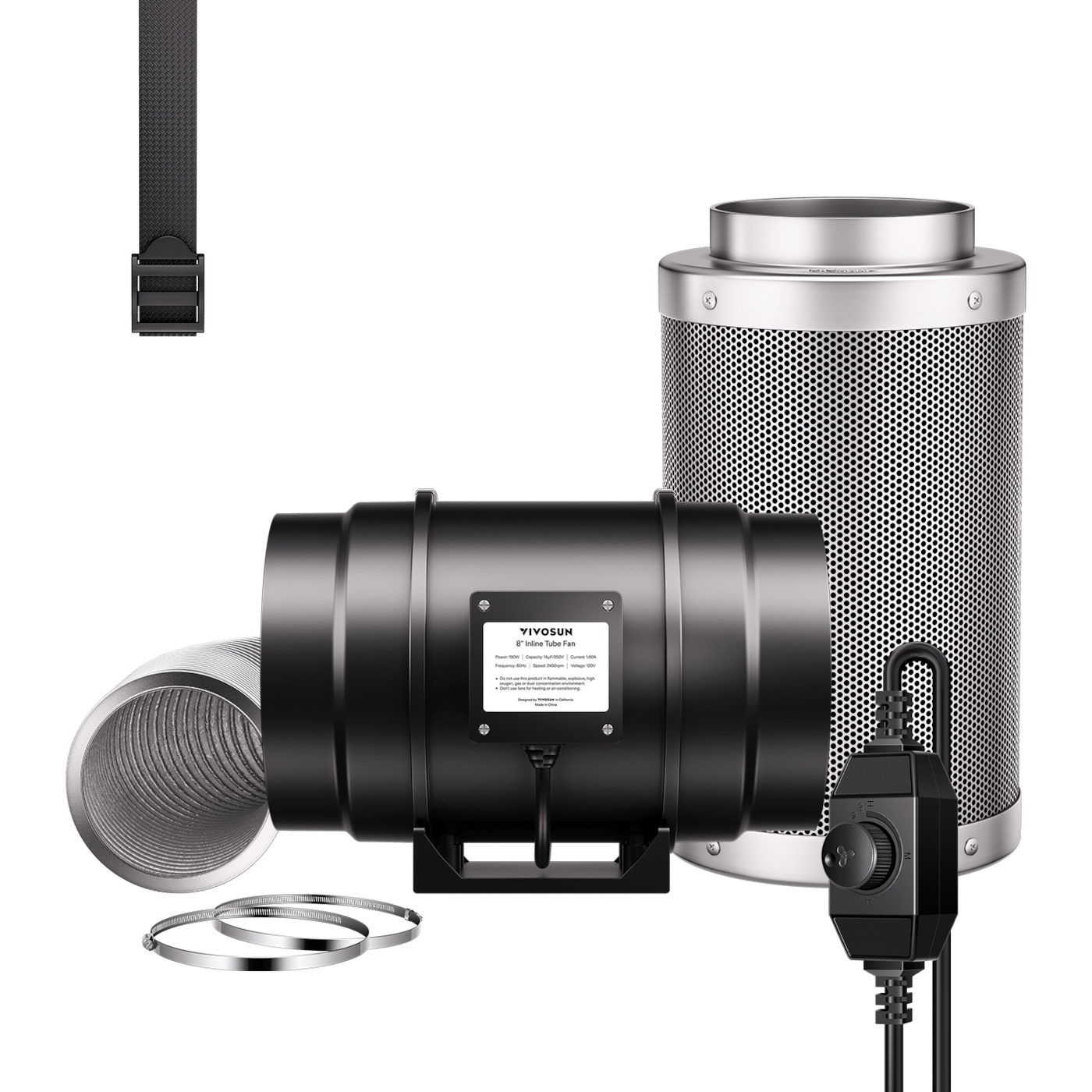 Vivosun Air Filtration Kit R8 8', Inline Fan R8 with Variable Speed Controller, Carbon Filter & Ducting Combo