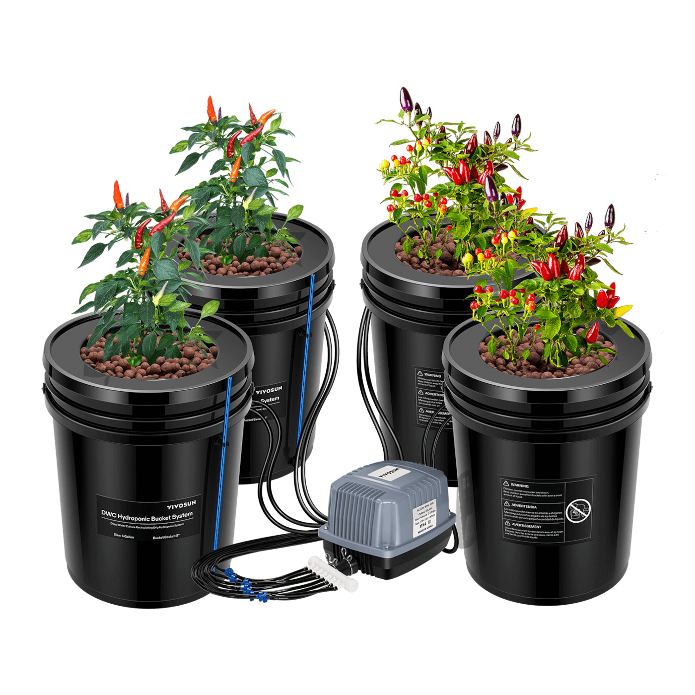 Vivosun 5 Gallon DWC Hydroponic System Kit (4 Bucket, Black)