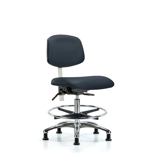 Blue Ridge Ergonomics NCR-VMBCH-CR-T0-A0-CF-RG-8582 Class 100 Vinyl Clean Room Chair - Medium Bench Height with Chrome Foot Ring & Stationary Glides in Imperial Blue Trailblazer™ Vinyl