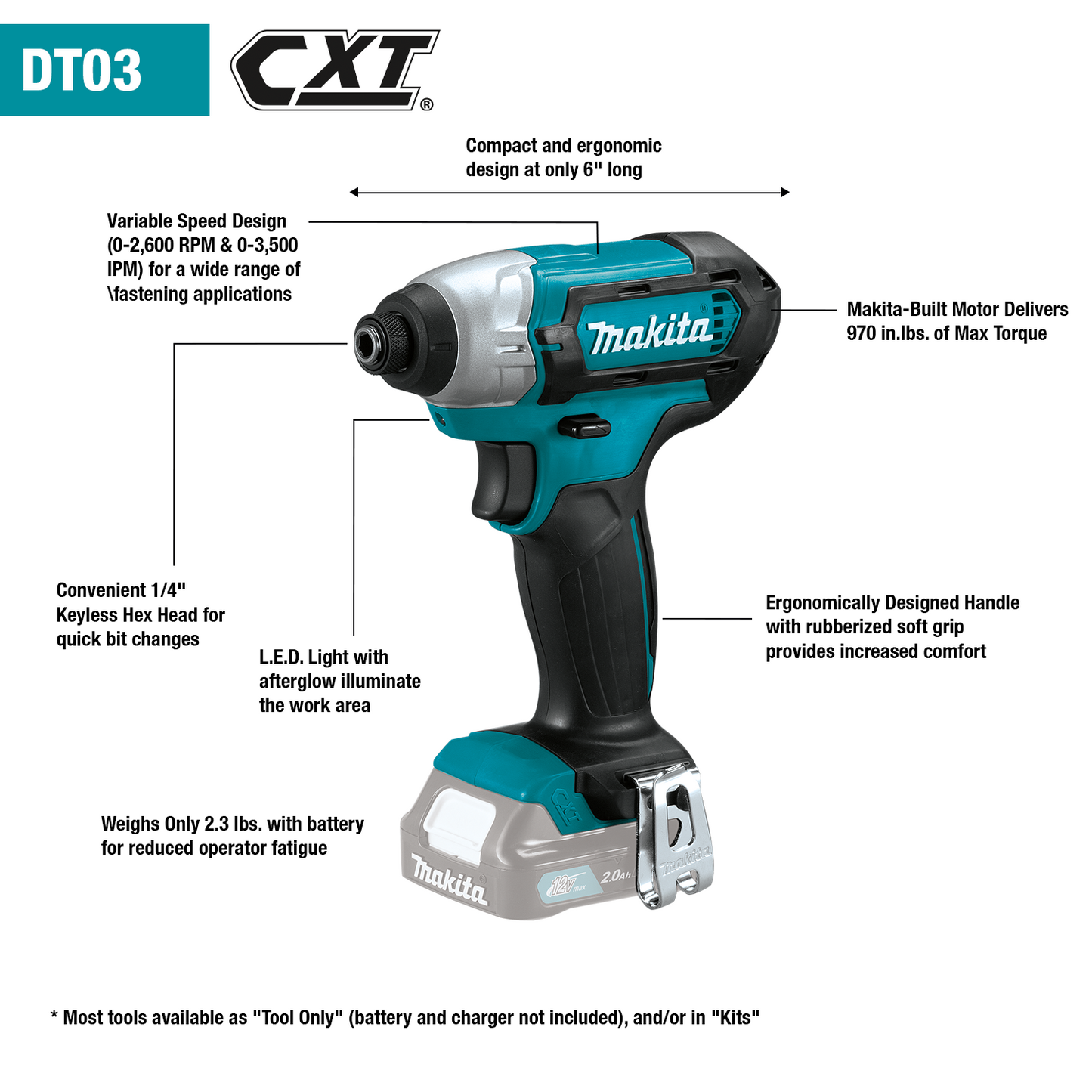 Makita DT03R1 12V max CXT® Lithium‘Ion Cordless Impact Driver Kit (2.0Ah)