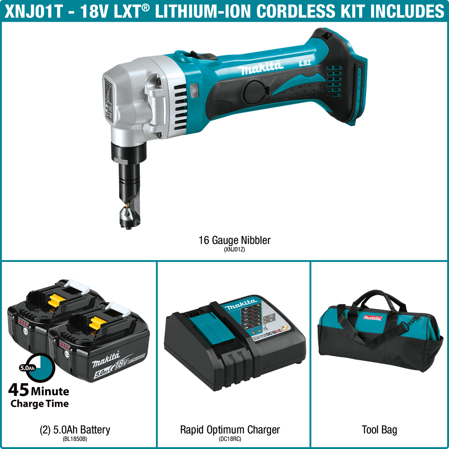 Makita XNJ01T 18V LXT® Lithium‘Ion Cordless 16 Gauge Nibbler Kit (5.0Ah)