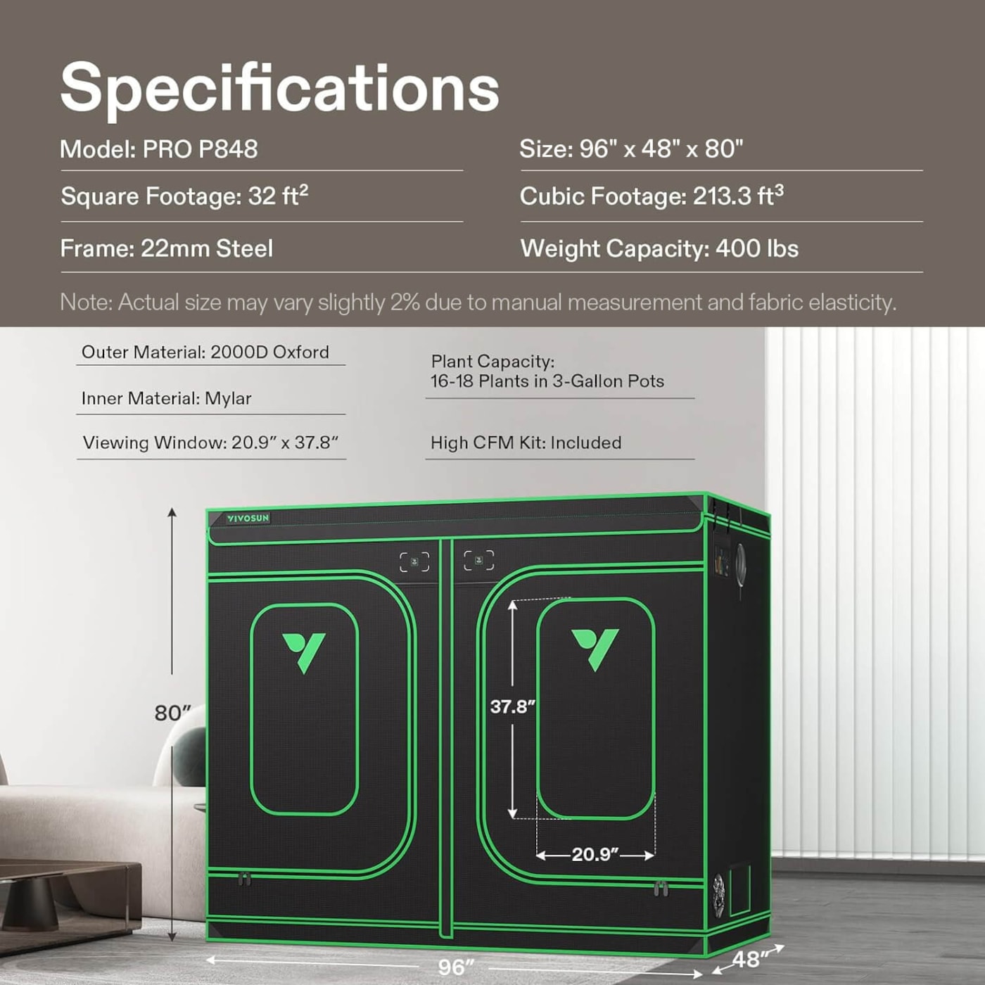 Vivosun Smart Grow Tent Kit GIY-SGS-84 Pro 4x8, 8-Plant Complete System, with WiFi E42A+ Controller, 2x 450W VSFD4500 LED Grow Light, and 8-inch AeroZesh T8 Ventilation Combo