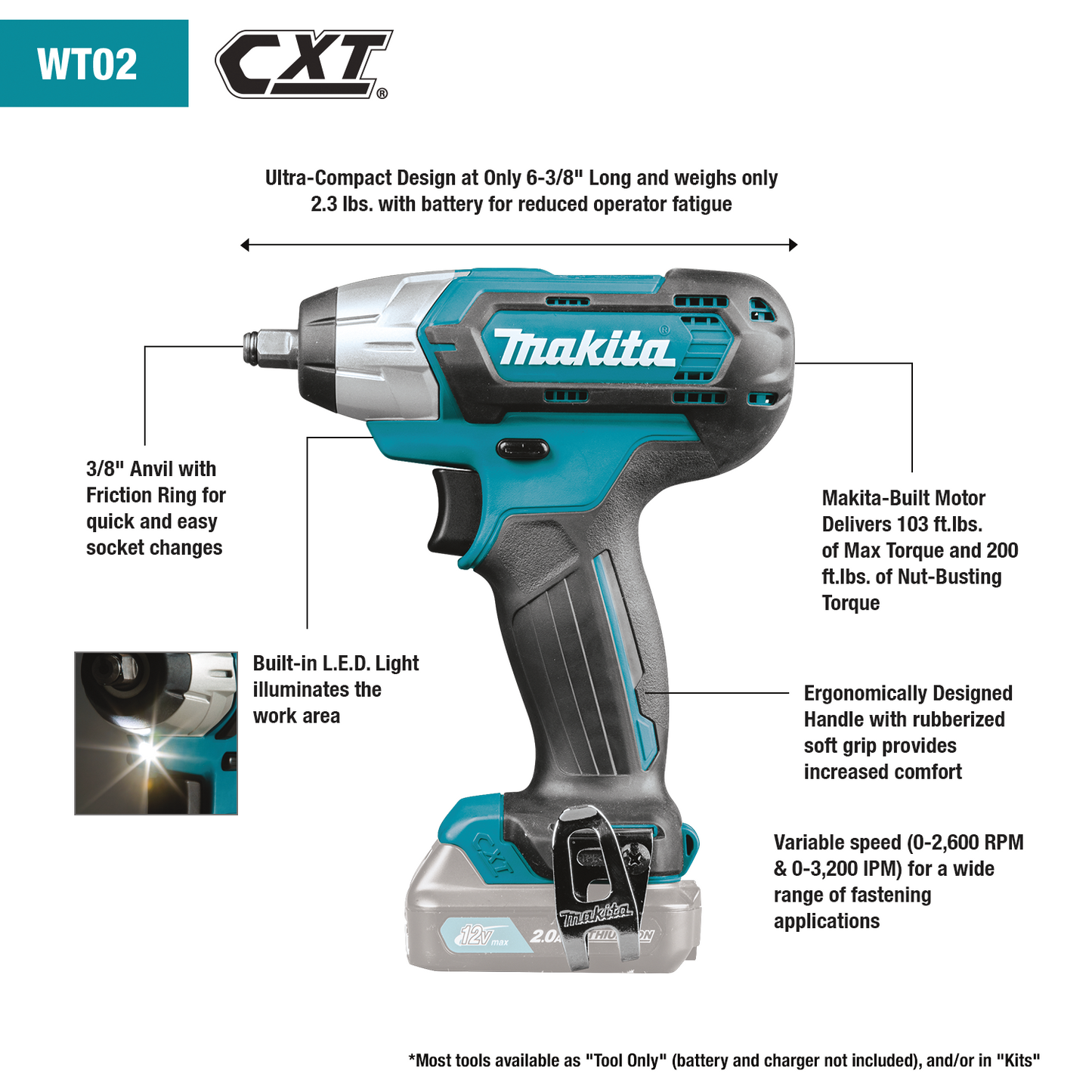 Makita WT02Z 12V Max Cxt® Lithiumion Cordless 3/8" Sq. Drive Impact Wrench, Tool Only