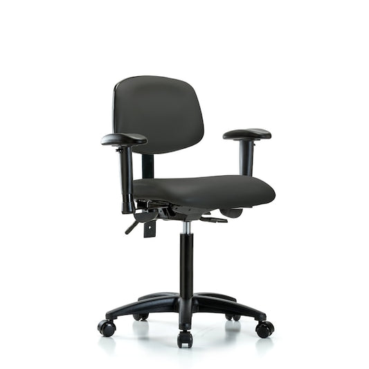 Blue Ridge Ergonomics VMBCH-RG-T0-A1-NF-RC-8605 Rutledge Vinyl Chair - Medium Bench Height with Adjustable Arms & Casters in Charcoal Trailblazer™ Vinyl