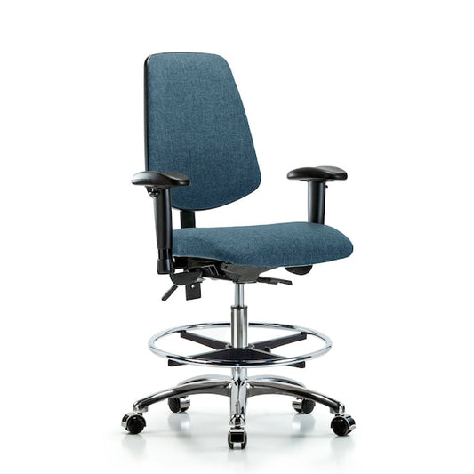 Blue Ridge Ergonomics FMBCH-MB-CR-T1-A1-CF-CC-F43 Rutledge Fabric Chair Chrome - Medium Bench Height with Medium Back, Seat Tilt, Adjustable Arms, Chrome Foot Ring, & Casters in Blue Fabric