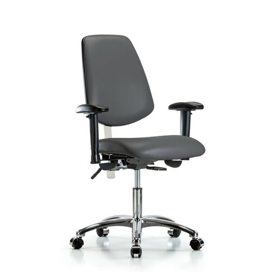 Blue Ridge Ergonomics NCR-VDHCH-MB-CR-T0-A1-CC-8823 Class 100 Vinyl Clean Room Chair - Desk Height with Medium Back, Adjustable Arms, & Casters in Carbon Supernova™ Vinyl