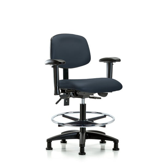 Blue Ridge Ergonomics VMBCH-RG-T0-A1-CF-RG-8582 Rutledge Vinyl Chair - Medium Bench Height with Adjustable Arms, Chrome Foot Ring, & Stationary Glides in Imperial Blue Trailblazer™ Vinyl