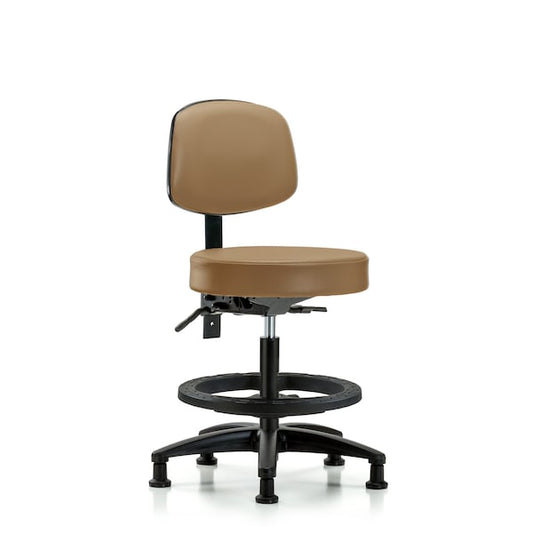 Blue Ridge Ergonomics VMBST-RG-T0-BF-RG-8584 Rutledge Vinyl Stool with Back - Medium Bench Height with Black Foot Ring & Stationary Glides in Taupe Trailblazer™ Vinyl