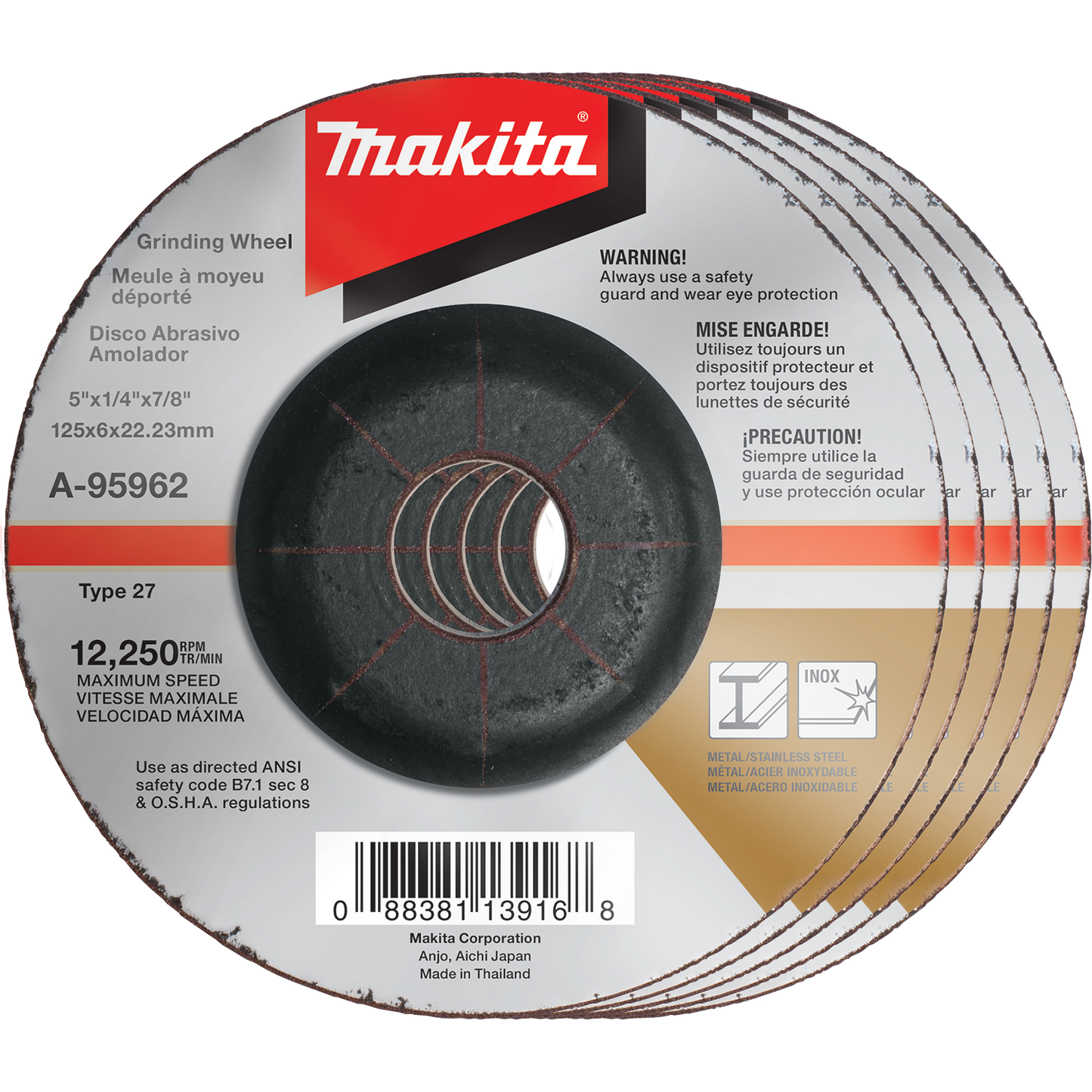 Makita A-95962-5 5" x 1/4" x 7/8" INOX Grinding Wheel, 36 Grit, 5/pk