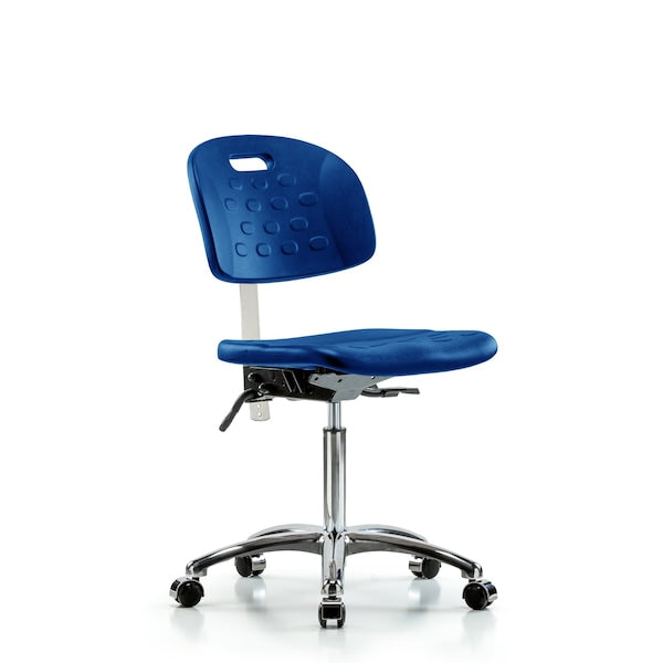 Blue Ridge Ergonomics CLR-HPMBCH-CR-T1-A0-NF-CC-BLU Class 100 Newport Industrial Polyurethane Clean Room Chair - Medium Bench Height with Seat Tilt & Casters in Blue Polyurethane