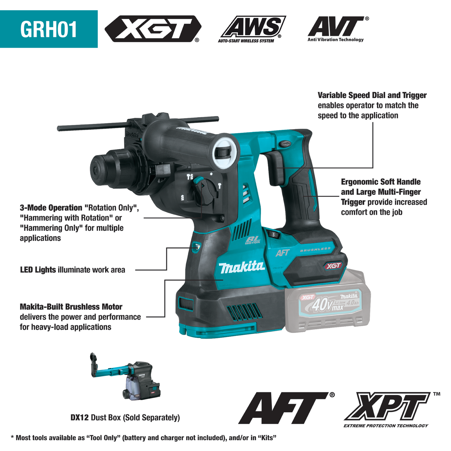 Makita GRH01Z 40V max XGT® Brushless Cordless 1‘1/8" SDS‘PLUS AVT® Rotary Hammer, AFT®, AWS® Capable, Tool Only