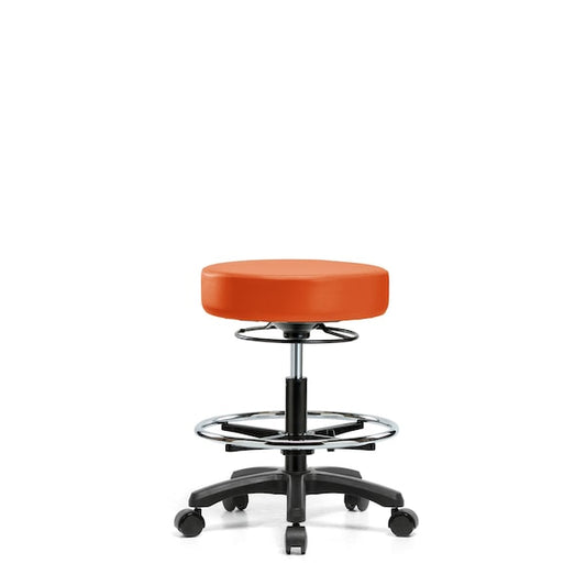 Blue Ridge Ergonomics VMBMS-RG-CF-RC-8613 Vinyl Mini-Stool - Medium Bench Height with Chrome Foot Ring & Casters in Orange Kist Trailblazer™ Vinyl