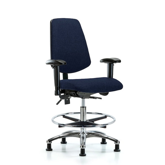Blue Ridge Ergonomics FMBCH-MB-CR-T1-A1-CF-RG-F45 Rutledge Fabric Chair Chrome - Medium Bench Height with Medium Back, Seat Tilt, Adjustable Arms, Chrome Foot Ring, & Stationary Glides in Navy Fabric