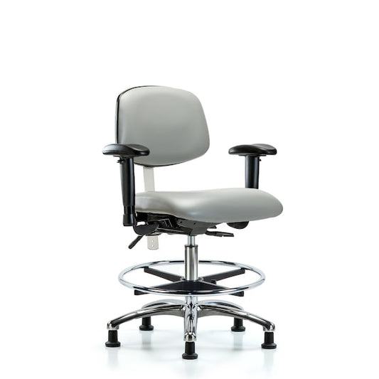 Blue Ridge Ergonomics NCR-VHBCH-CR-T1-A0-CF-RG-8567 Class 100 Vinyl Clean Room Chair - High Bench Height with Seat Tilt, Chrome Foot Ring, & Stationary Glides in Dove Trailblazer™ Vinyl