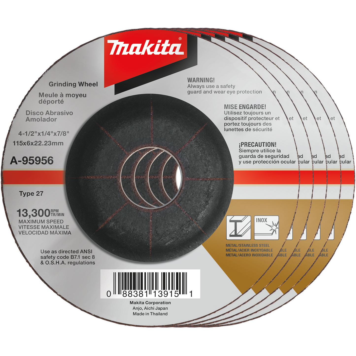 Makita A-95956-5 4‘1/2" x 1/4" x 7/8" INOX Grinding Wheel, 36 Grit, 5/pk