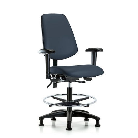 Blue Ridge Ergonomics VMBCH-RG-T0-A1-BF-RG-8582 Rutledge Vinyl Chair - Medium Bench Height with Adjustable Arms, Black Foot Ring, & Stationary Glides in Imperial Blue Trailblazer™ Vinyl