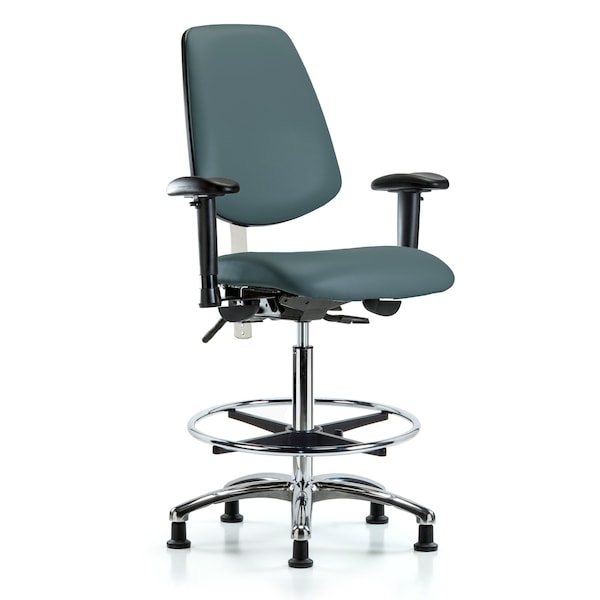 Blue Ridge Ergonomics NCR-VHBCH-MB-CR-T1-A1-CF-RG-8546 CL100 Vinyl Clean Room Chair - High Bench Height with Medium Back, Seat Tilt, Adj Arms, Chrome Foot Ring, & Stationary Glides in Colonial Blue Trailblazer™ Vinyl