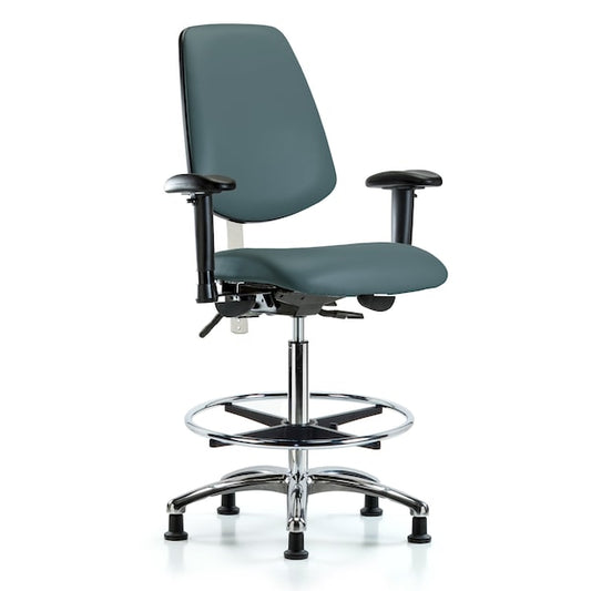 Blue Ridge Ergonomics NCR-VHBCH-MB-CR-T1-A1-CF-RG-8546 CL100 Vinyl Clean Room Chair - High Bench Height with Medium Back, Seat Tilt, Adj Arms, Chrome Foot Ring, & Stationary Glides in Colonial Blue Trailblazer™ Vinyl