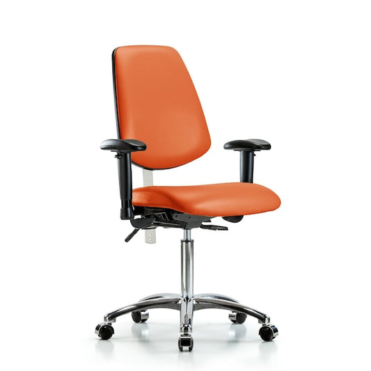Blue Ridge Ergonomics NCR-VMBCH-MB-CR-T1-A1-NF-CC-8613 Class 100 Vinyl Clean Room Chair - Medium Bench Height with Medium Back, Seat Tilt, Adjustable Arms, & Casters in Orange Kist Trailblazer™ Vinyl