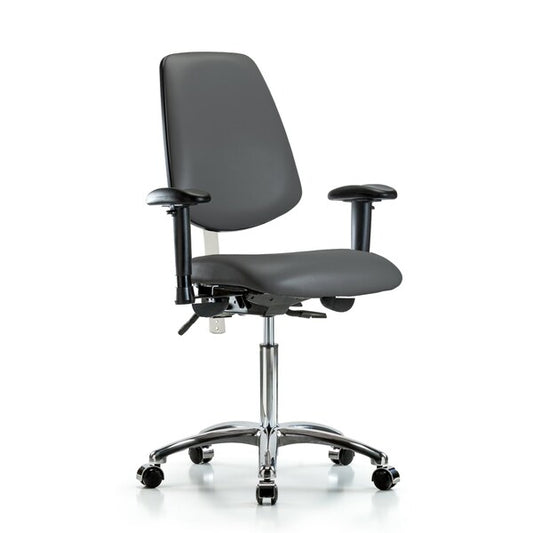 Blue Ridge Ergonomics NCR-VMBCH-MB-CR-T0-A1-NF-CC-8823 Class 100 Vinyl Clean Room Chair - Medium Bench Height with Medium Back, Adjustable Arms, & Casters in Carbon Supernova™ Vinyl