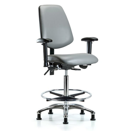 Blue Ridge Ergonomics VHBCH-MB-CR-T0-A1-CF-RG-8840 Rutledge Vinyl Chair Chrome - High Bench Height with Medium Back, Adjustable Arms, Chrome Foot Ring, & Stationary Glides in Sterling Supernova™ Vinyl
