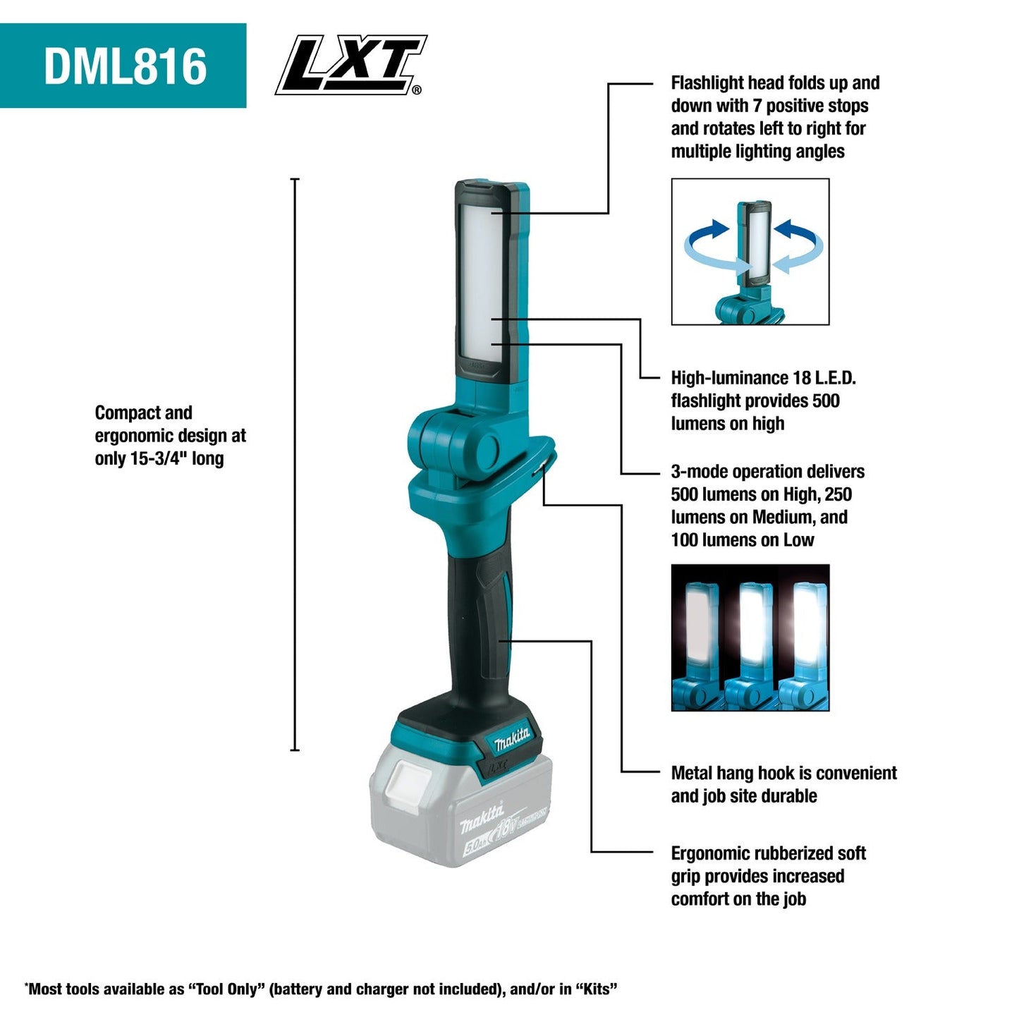 Makita DML816 18V LXT® Lithium‘Ion Cordless 18 L.E.D. Flashlight, Flashlight Only