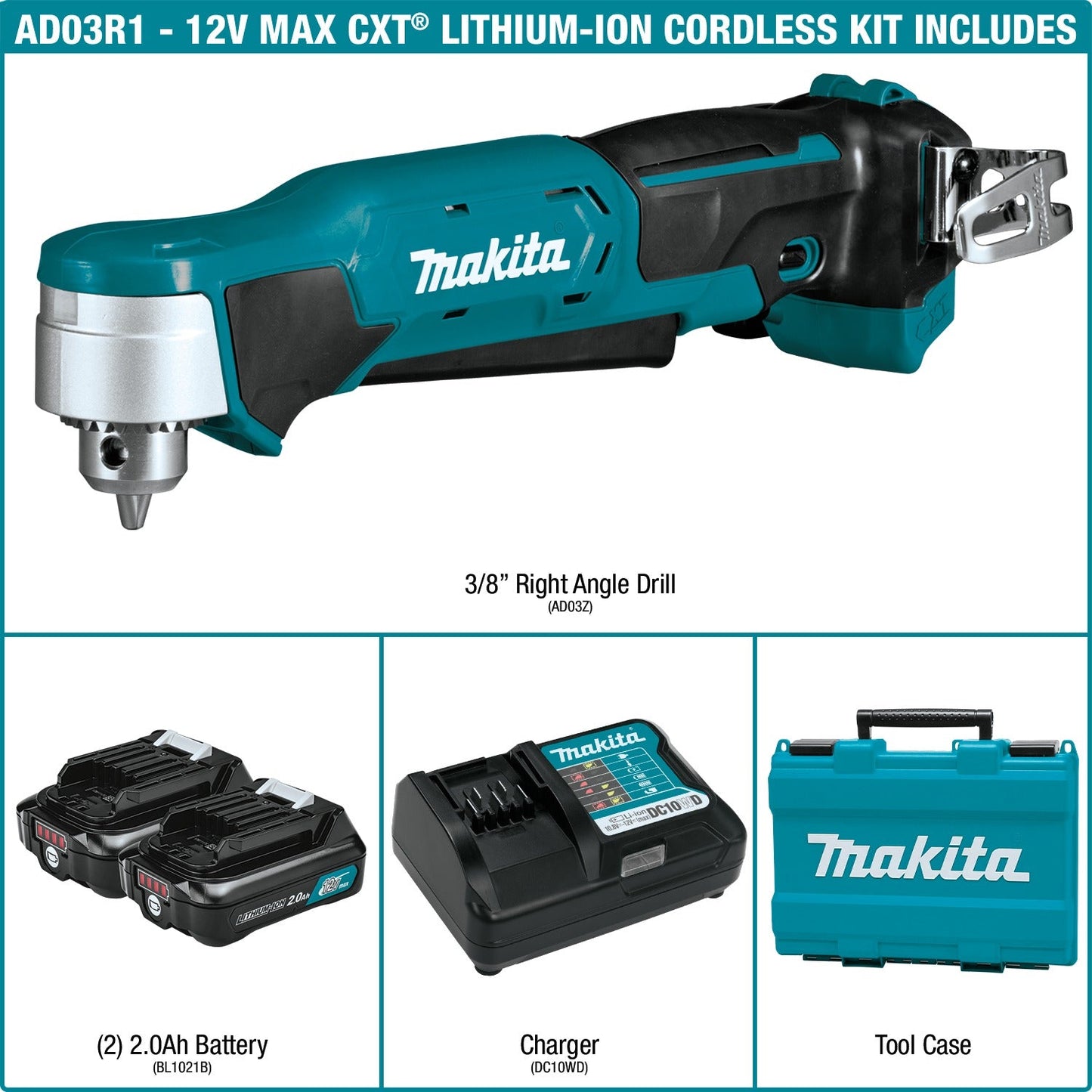 Makita AD03R1 12V max CXT® Lithium‘Ion Cordless 3/8" Right Angle Drill Kit (2.0Ah)