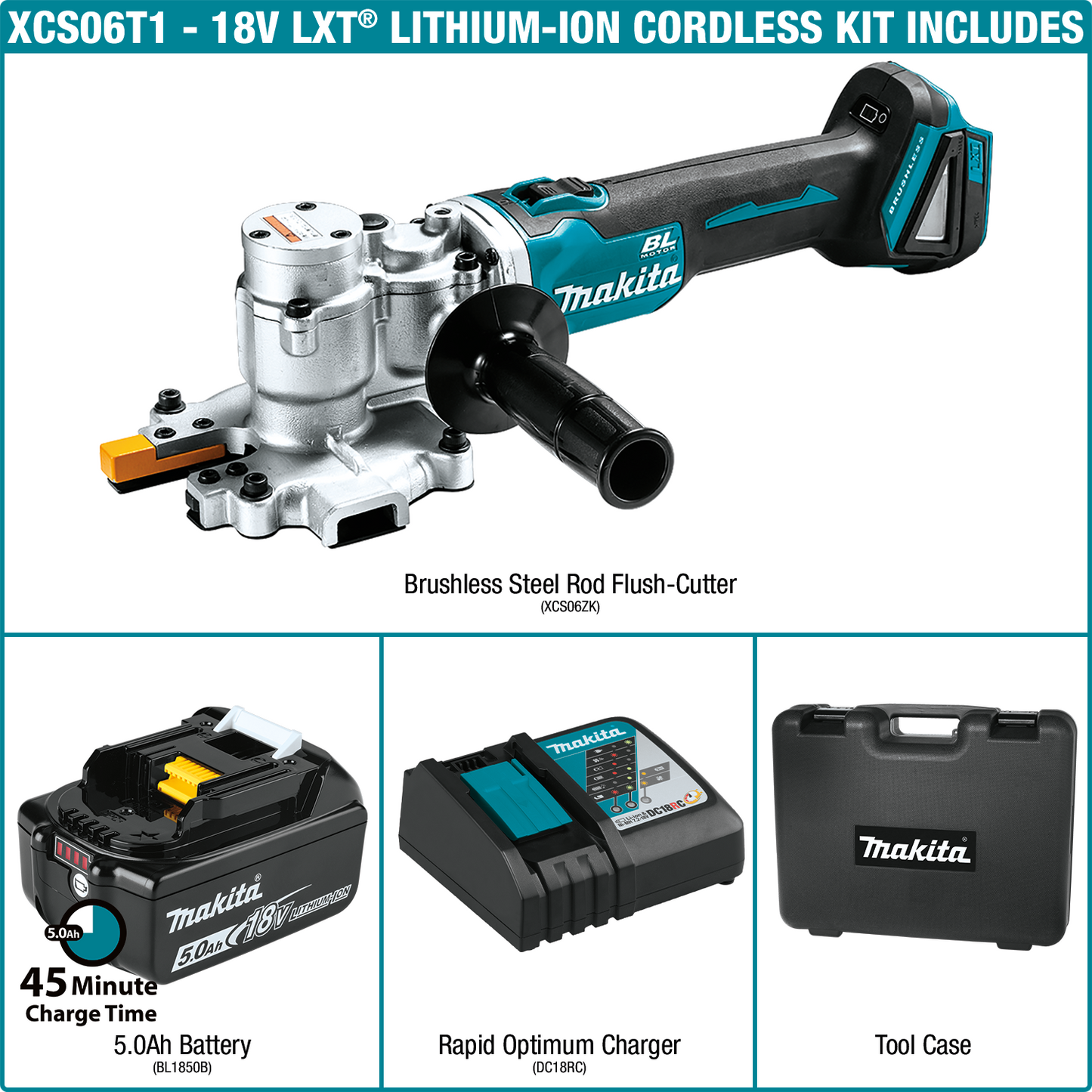 Makita XCS06T1 18V LXT® Lithium‘Ion Brushless Cordless Steel Rod Flush‘Cutter Kit (5.0Ah)