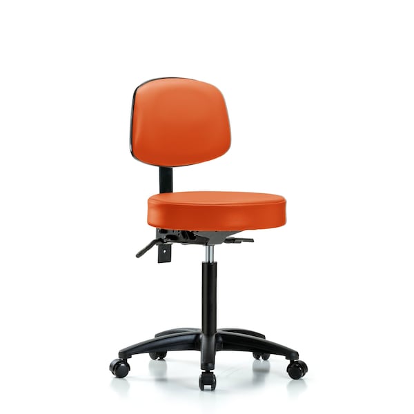 Blue Ridge Ergonomics VMBST-RG-T0-NF-RC-8613 Rutledge Vinyl Stool with Back - Medium Bench Height with Casters in Orange Kist Trailblazer™ Vinyl