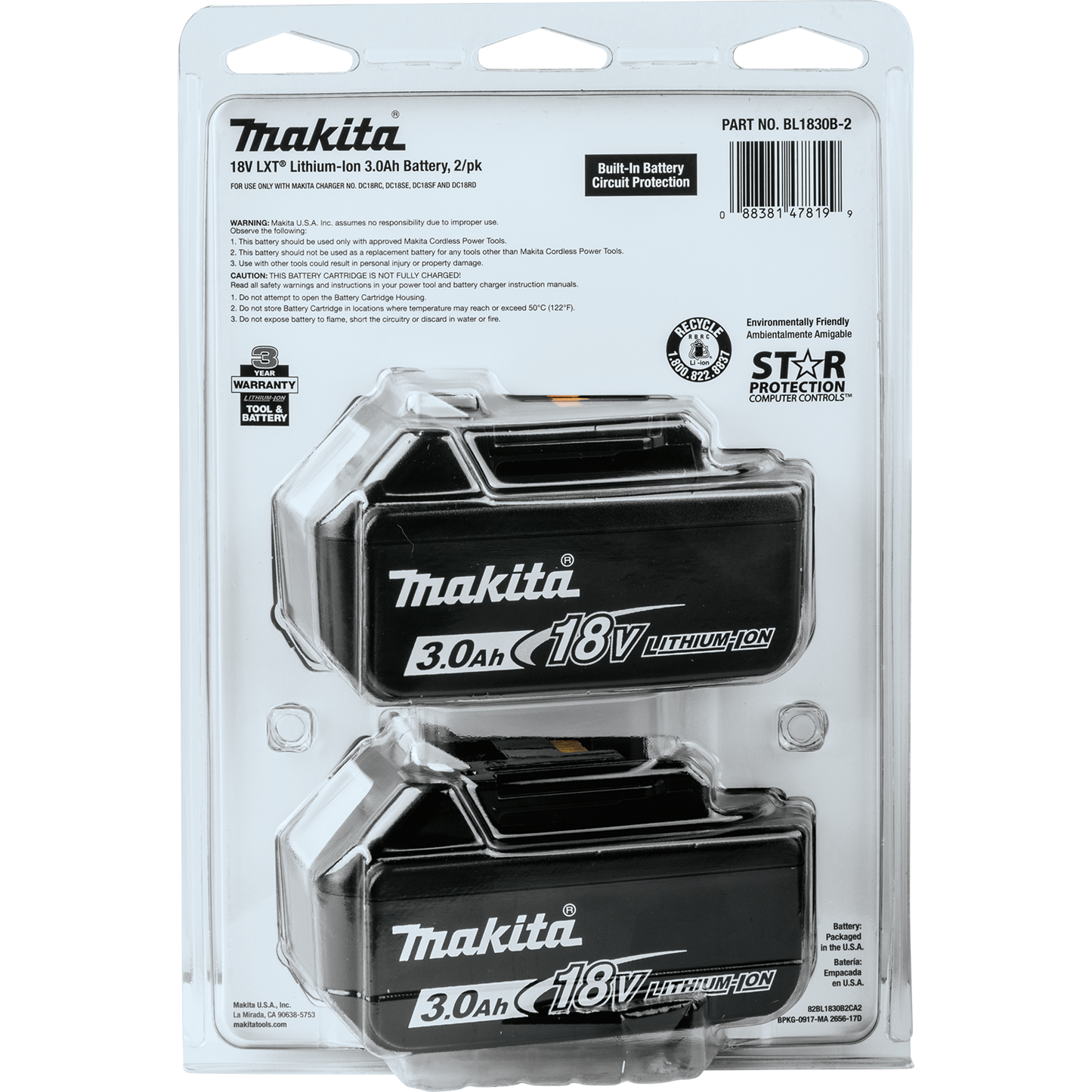 Makita BL1830B-2 18V LXT® Lithium‘Ion 3.0Ah Battery, 2/pk