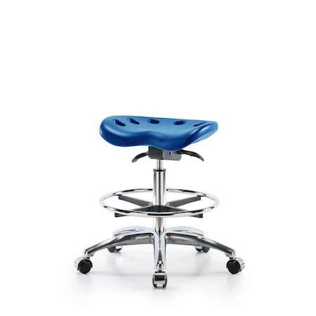Blue Ridge Ergonomics PTMBSO-CR-CF-CC-BLU Polyurethane Tractor Sit-Stand Stool Chrome - Medium Bench Height with Chrome Foot Ring & Chrome Casters in Blue Polyurethane