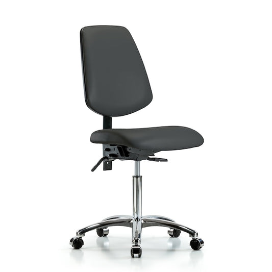 Blue Ridge Ergonomics VMBCH-MB-CR-T1-A0-NF-CC-8605 Rutledge Vinyl Chair Chrome - Medium Bench Height with Medium Back, Seat Tilt, & Casters in Charcoal Trailblazer™ Vinyl