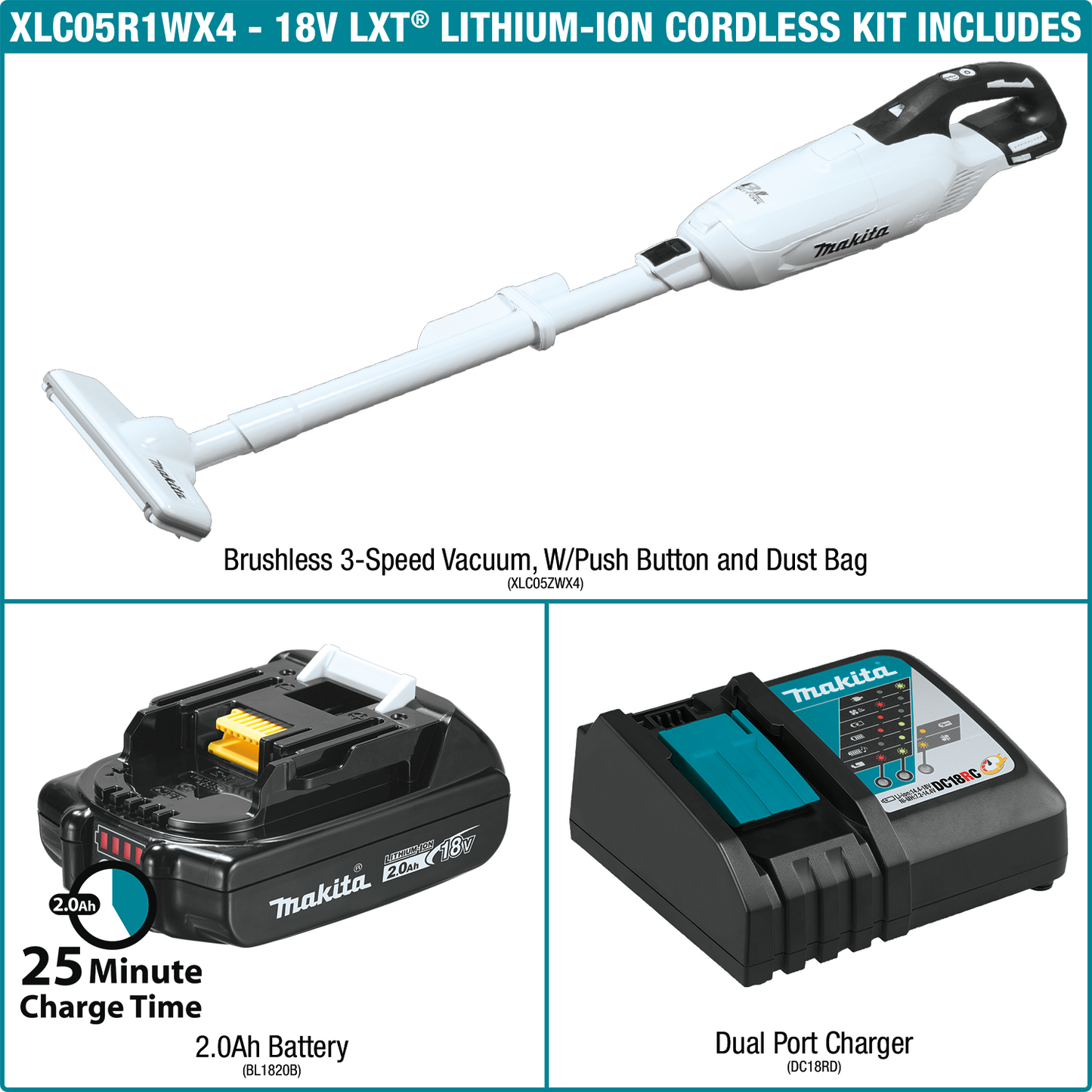 Makita XLC05R1WX4 18V LXT® Lithium‘ion Compact Brushless Cordless 3‘Speed Vacuum Kit, w/ Push Button and Dust Bag (2.0Ah)