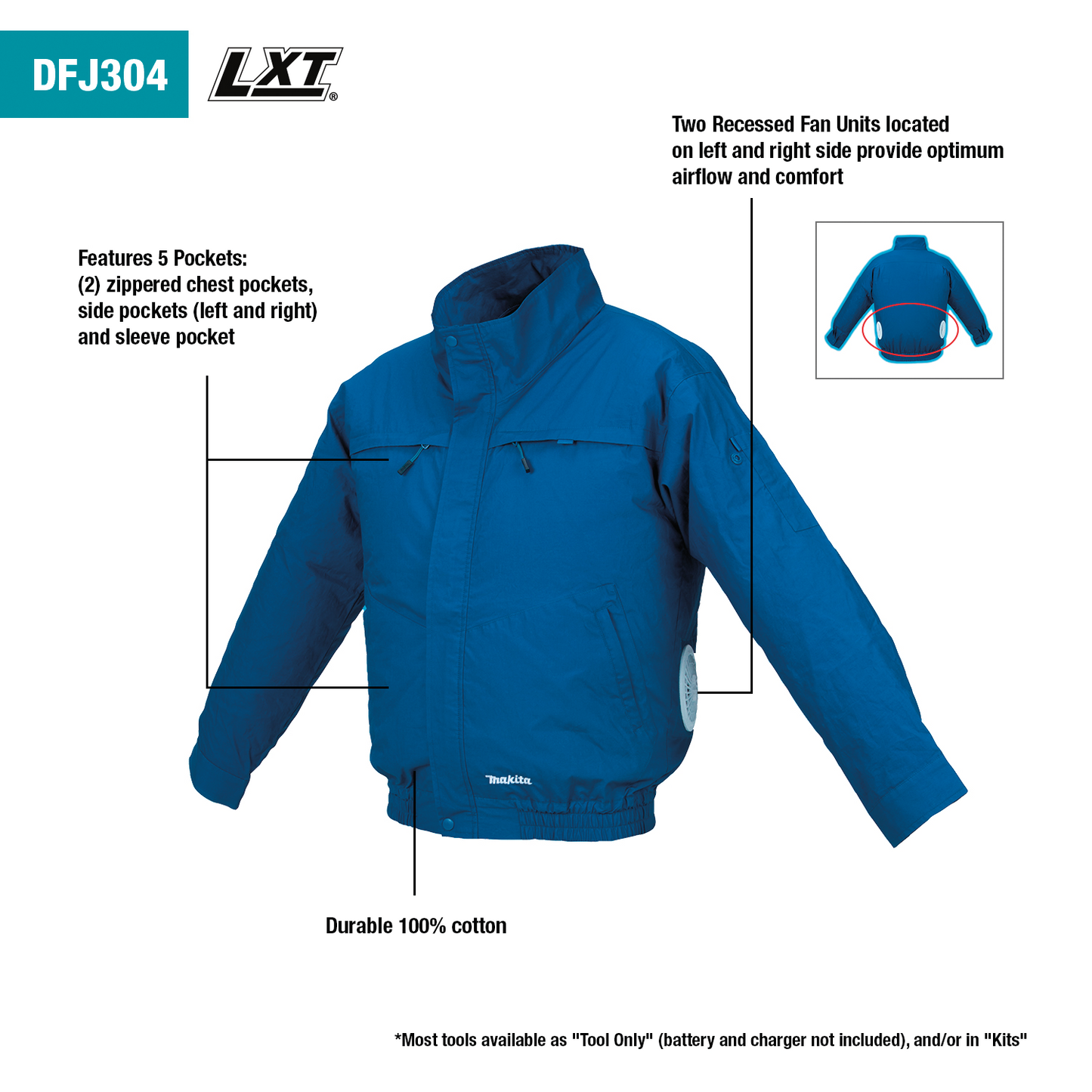 Makita DFJ304Z2XL 18V LXT® Lithium‘Ion Cordless Cotton Fan Jacket, Jacket Only (2XL)