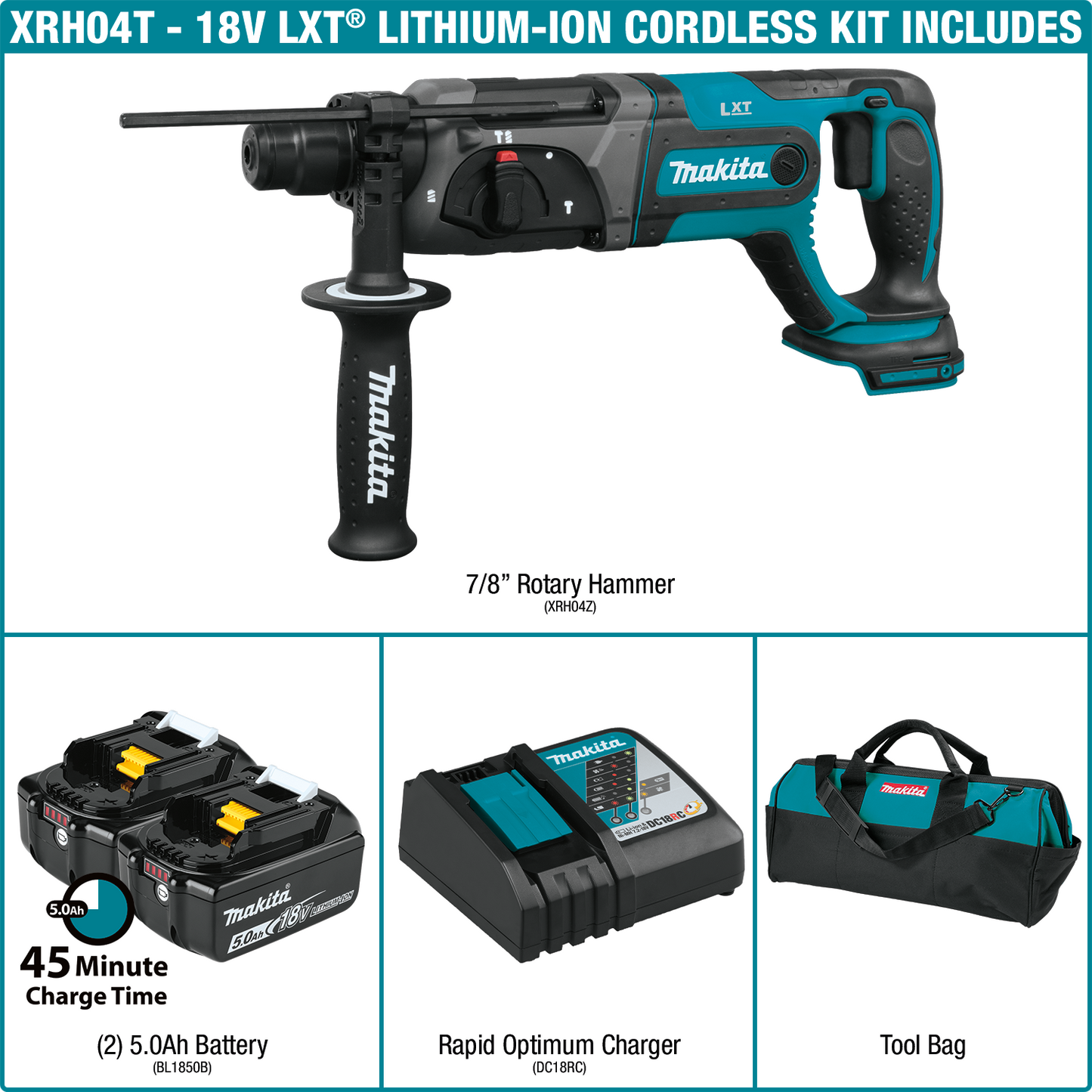 Makita XRH04T 18V LXT® Lithium‘Ion Cordless 7/8" SDS‘PLUS Rotary Hammer Kit, (5.0Ah)