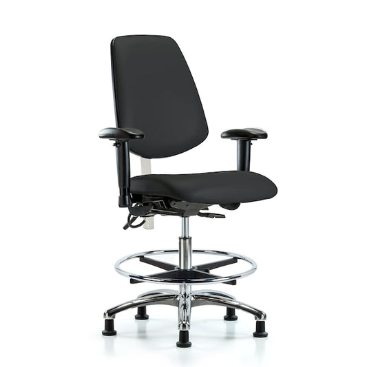 Blue Ridge Ergonomics NECR-VMBCH-MB-CR-T1-A1-CF-EG-ESDBLK CL100 Vinyl Clean Room/ESD Chair - Medium Bench Height with Medium Back, Seat Tilt, Adj Arms, Chrome Foot Ring, & ESD Stationary Glides in Black ESD Vinyl