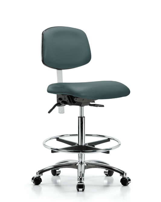 Blue Ridge Ergonomics NCR-VHBCH-CR-T0-A0-CF-CC-8546 Class 100 Vinyl Clean Room Chair - High Bench Height with Chrome Foot Ring & Casters in Colonial Blue Trailblazer™ Vinyl