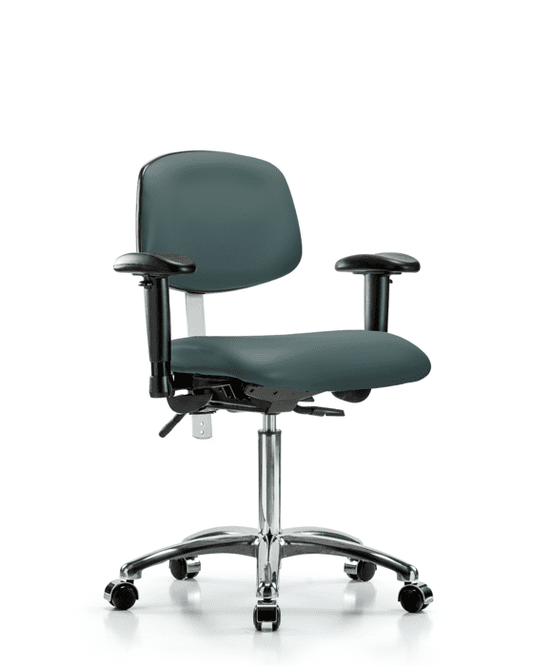 Blue Ridge Ergonomics CLR-TPMBCH-CR-A1-CF-CC-BLK Class 100 Erie Polyurethane Clean Room Chair - Medium Bench Height with Adjustable Arms, Chrome Foot Ring, & Casters in Black Polyurethane