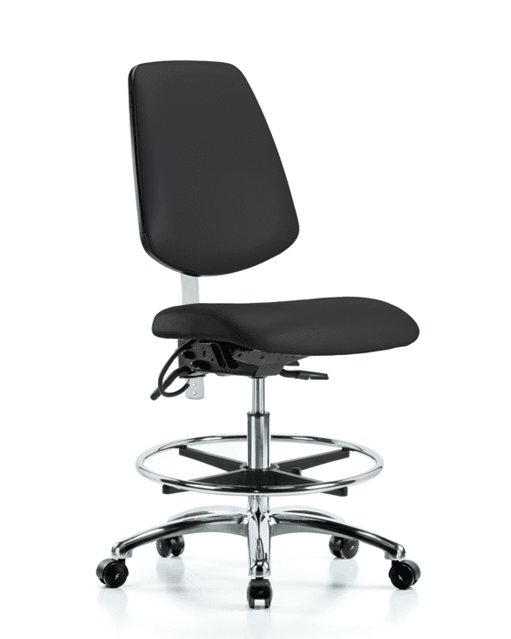 Blue Ridge Ergonomics NECR-VMBCH-MB-CR-T1-A0-CF-EC-ESDBLK Class 100 Vinyl Clean Room/ESD Chair - Medium Bench Height with Medium Back, Seat Tilt, Chrome Foot Ring, & ESD Casters in Black ESD Vinyl