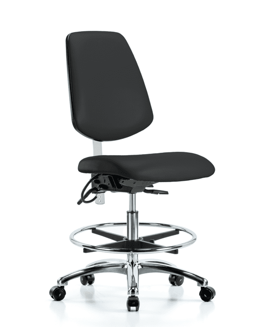 Blue Ridge Ergonomics NECR-VMBCH-MB-CR-T1-A0-CF-EC-ESDBLK Class 100 Vinyl Clean Room/ESD Chair - Medium Bench Height with Medium Back, Seat Tilt, Chrome Foot Ring, & ESD Casters in Black ESD Vinyl