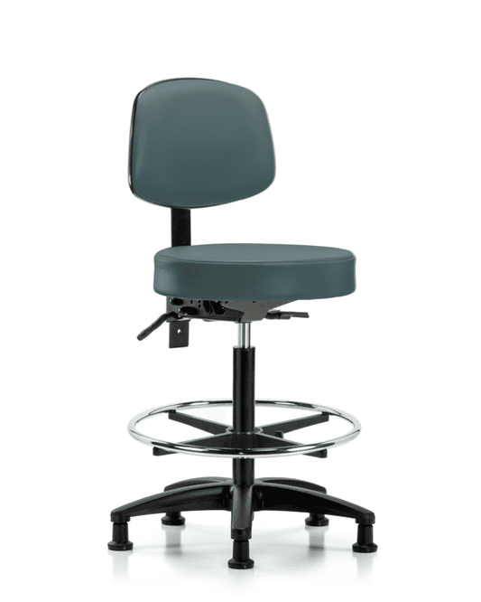 Blue Ridge Ergonomics VHBST-RG-T1-CF-RG-8546 Rutledge Vinyl Stool with Back - High Bench Height with Seat Tilt, Chrome Foot Ring, & Stationary Glides in Colonial Blue Trailblazer™ Vinyl