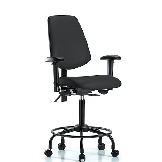 Blue Ridge Ergonomics VMBCH-MB-RT-T0-A1-RC-8540 Rutledge Vinyl Chair - Medium Bench Height with Round Tube Base, Medium Back, Adjustable Arms, & Casters in Black Trailblazer™ Vinyl
