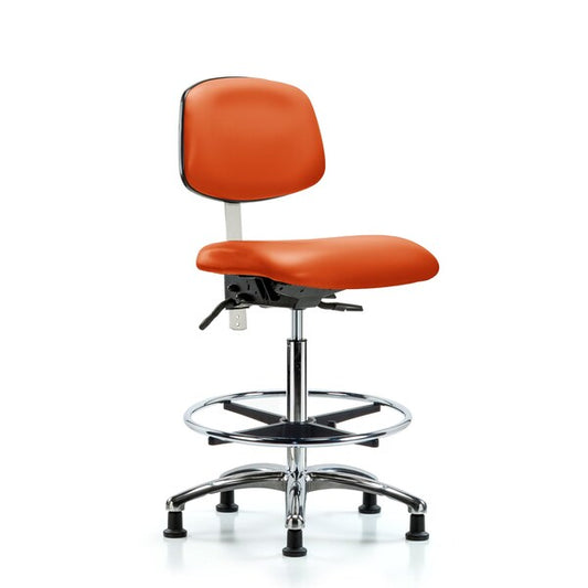 Blue Ridge Ergonomics NCR-VHBCH-CR-T1-A0-CF-RG-8613 Class 100 Vinyl Clean Room Chair - High Bench Height with Seat Tilt, Chrome Foot Ring, & Stationary Glides in Orange Kist Trailblazer™ Vinyl
